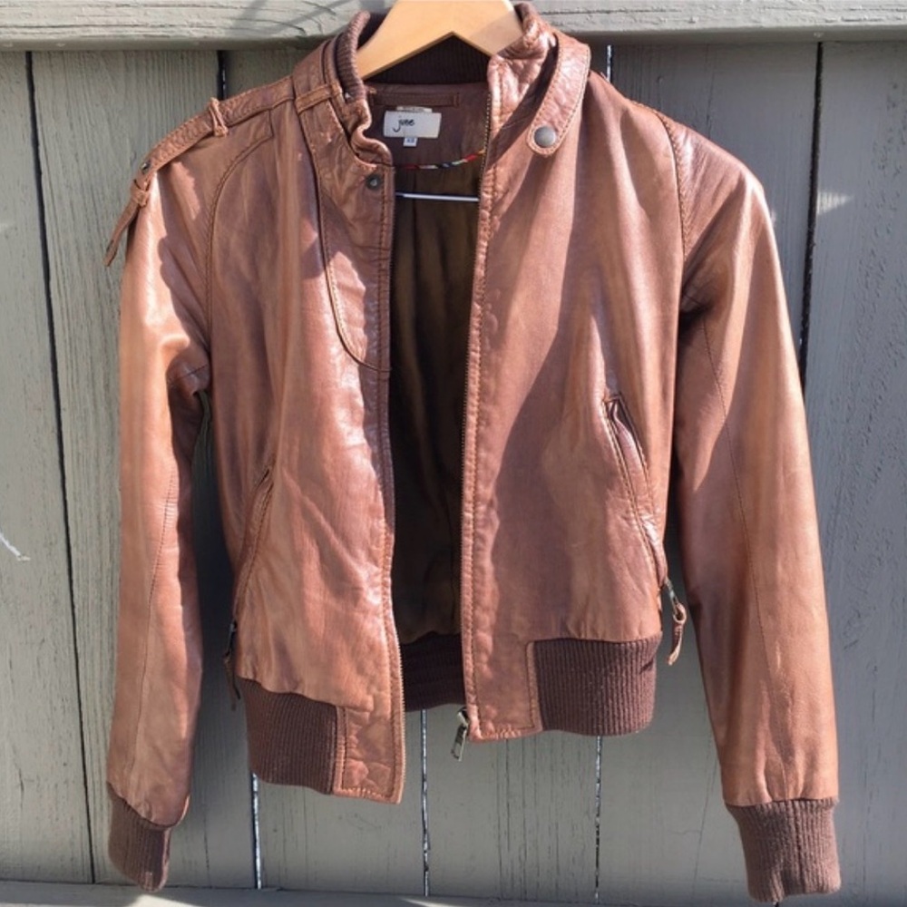 June- brown Leather bomber Jacket